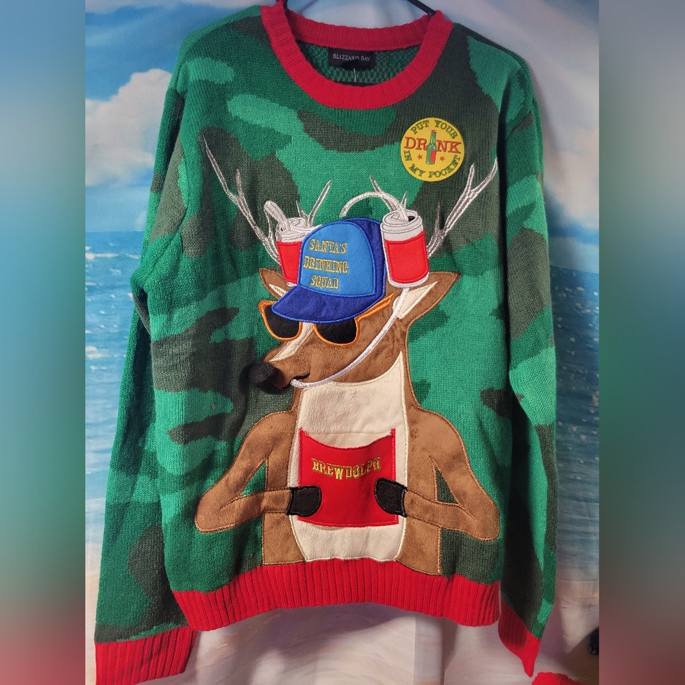 Blizzard Bay NWOT Reindeer Christmas Sweater With Drink Holder Size Large Unisex